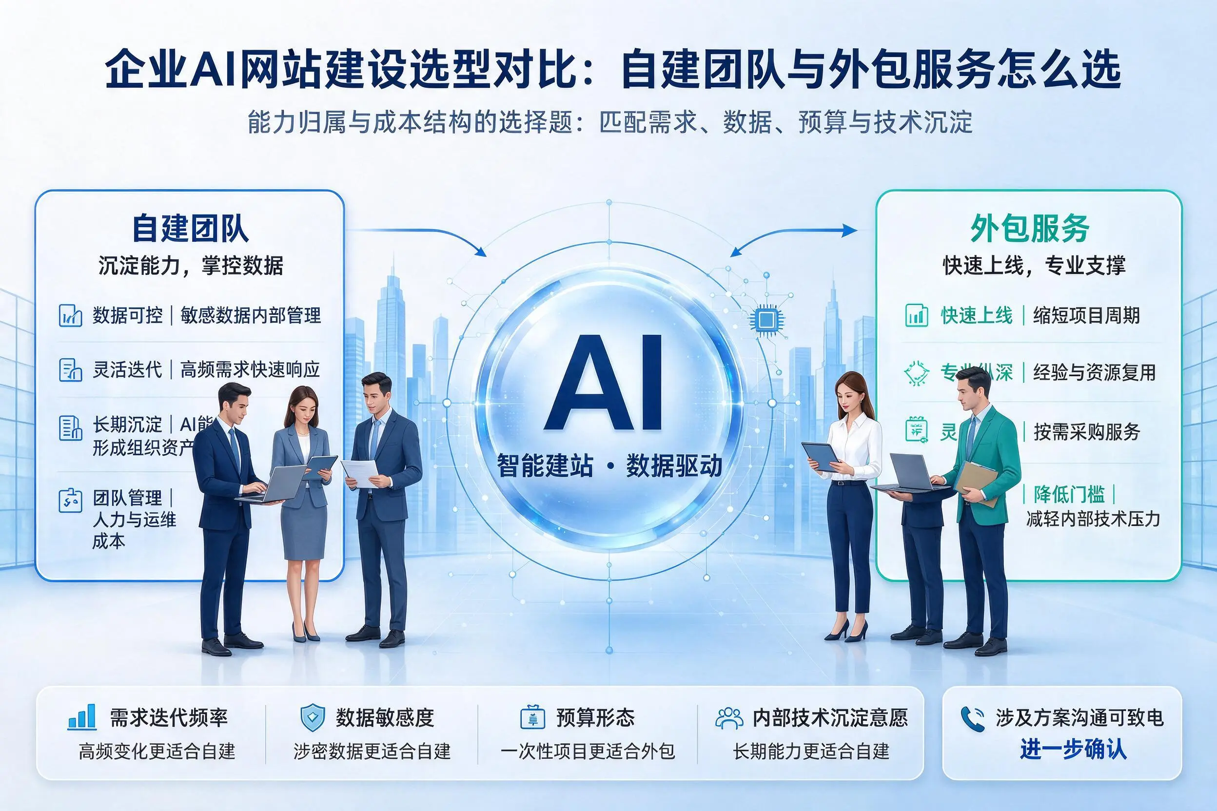 临沧企业AI网站建设选型对比：自建团队与外包服务怎么选